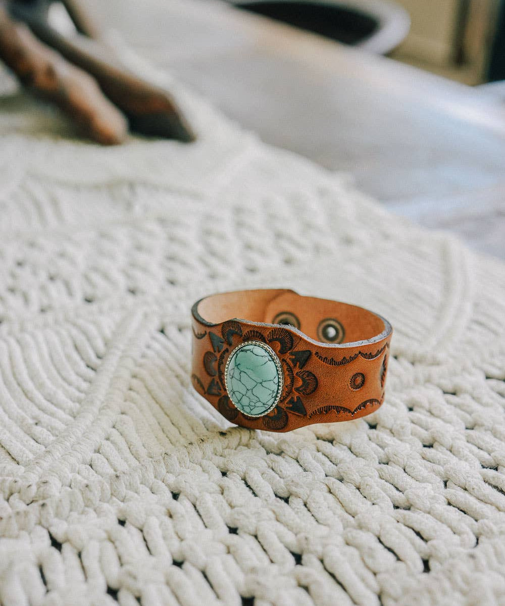 Boho Turquoise Stone Camel Leather Cuff Bracelet
