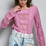 Long Sleeve Round Neck Lace Texture Knit Slim Fit Top