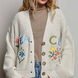 Multicolor Floral Embroidery PEACE Letter Knit Cardigan