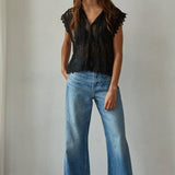 Woven Cotton Lace Buttondown Sleeveless Top