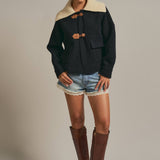 Toggle Front Knit Jacket With Contrast Collar