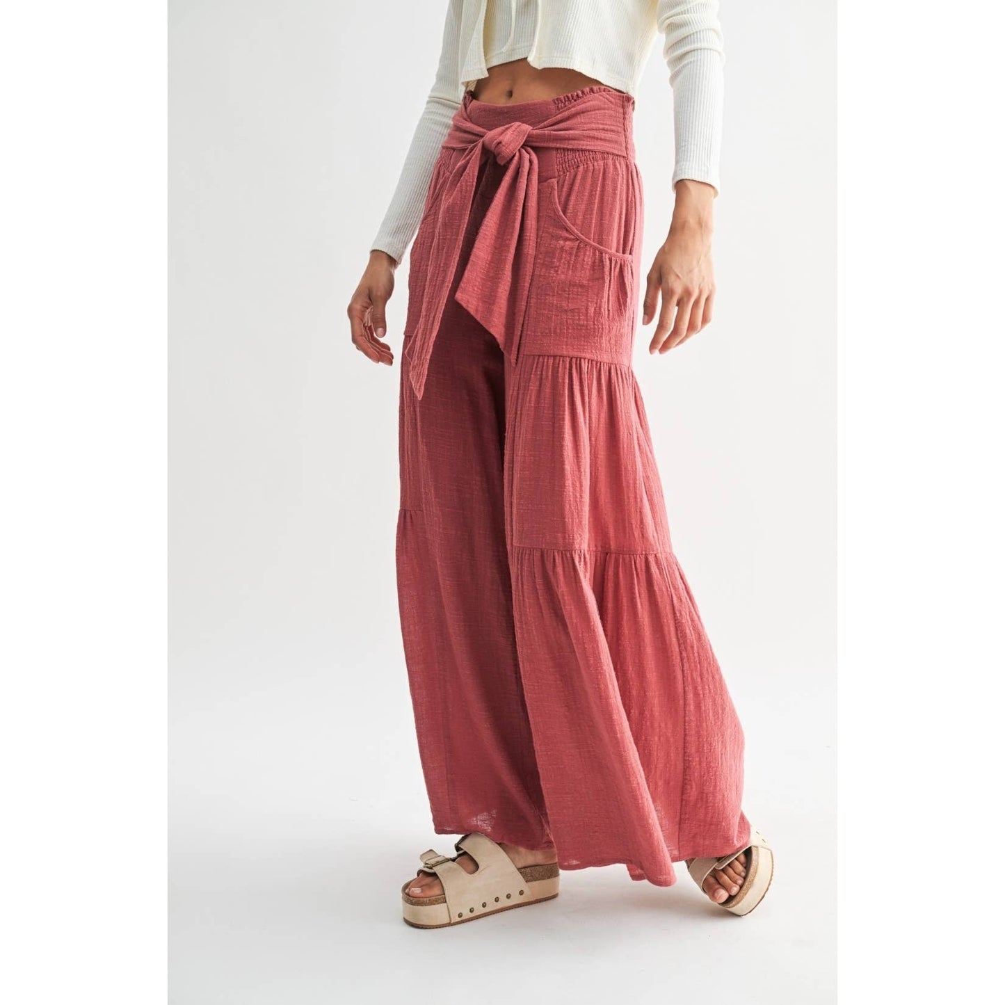 English Red Tiered Wide Leg Pants