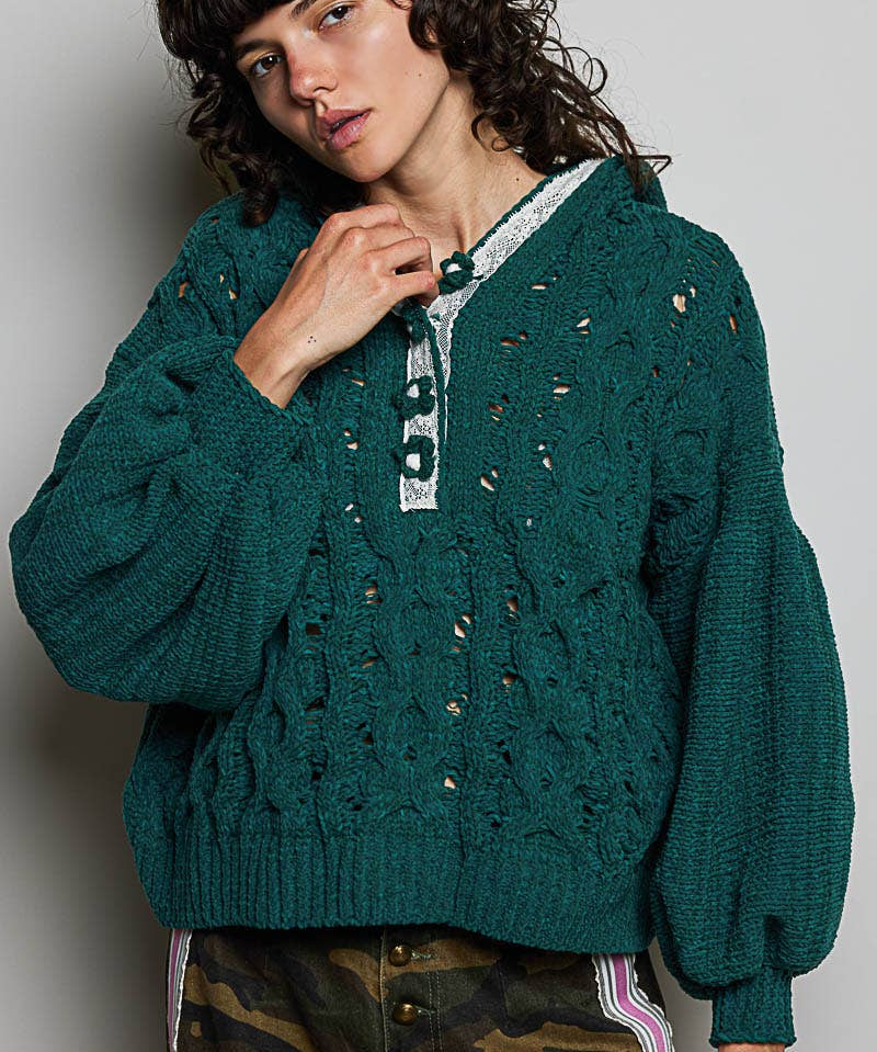 Floral Handmade Buttons Velvet Chenille Sweater Hoodie Top