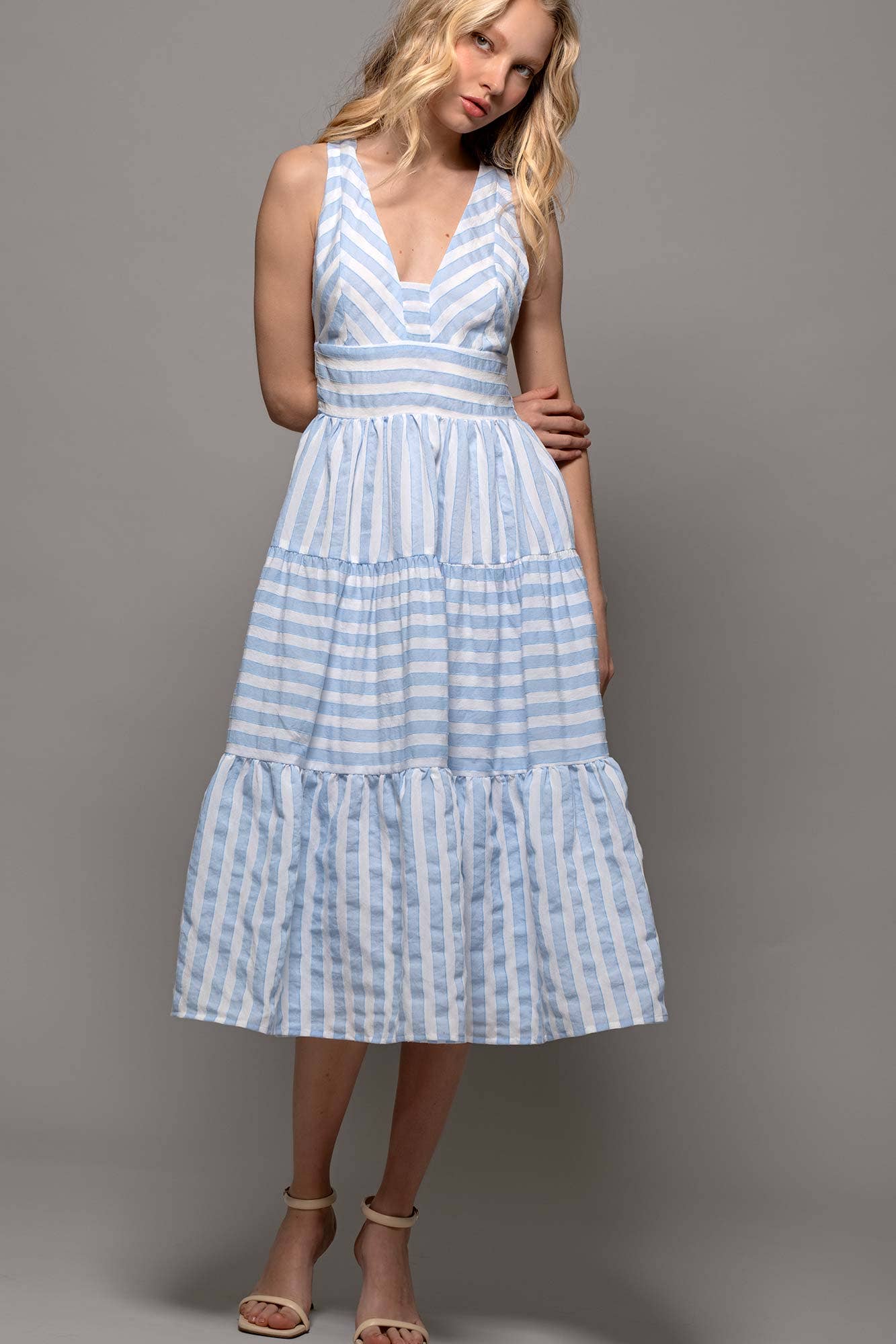 Textured Stripe Cross-Back Tiered Dress