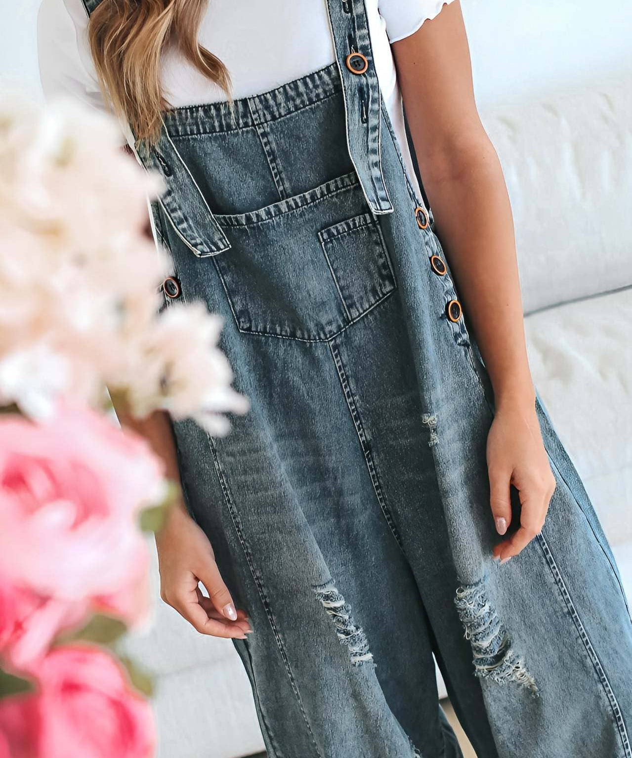 Distressed Washed Denim Overalls