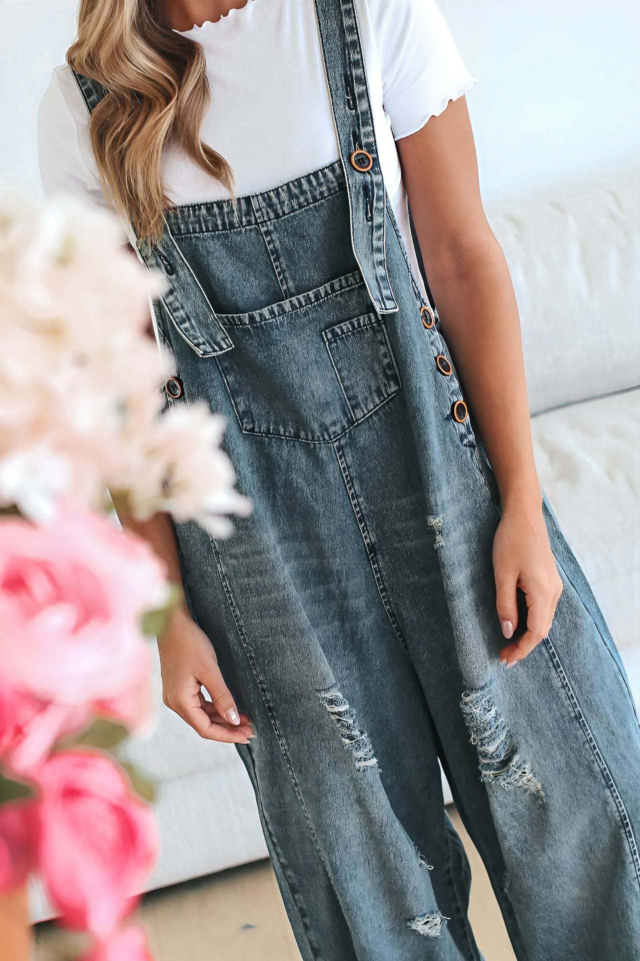 Distressed Washed Denim Overalls