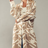 Exaggerated Houndstooth Open Front Knit Cardigan