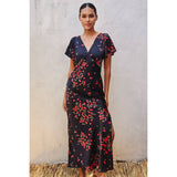 Cherry Print Flutter Sleeve Maxi Dress