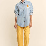 Plus - Striped Peace Maker Daisy Applique Button-Down Shirt