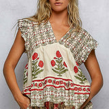 V-Neck Floral Pattern Ruffle Sleeve Top