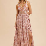 Border Print V-Neck Maxi Dress