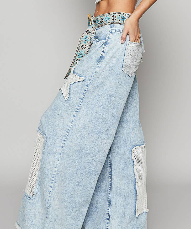Vintage Washed Crochet Star Patch Jeans