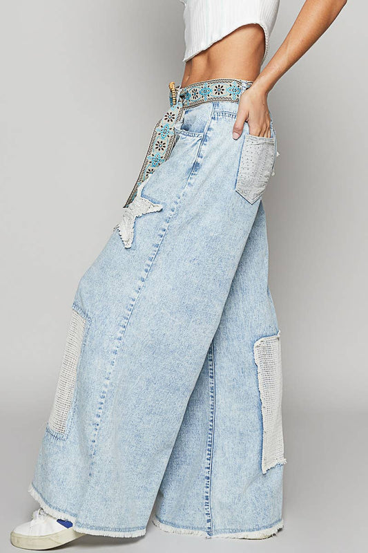 Vintage Washed Crochet Star Patch Jeans