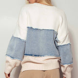 Colorblock Denim Patchwork Knit Sweater