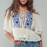 Blue & White Tassel Ruffled Blouse