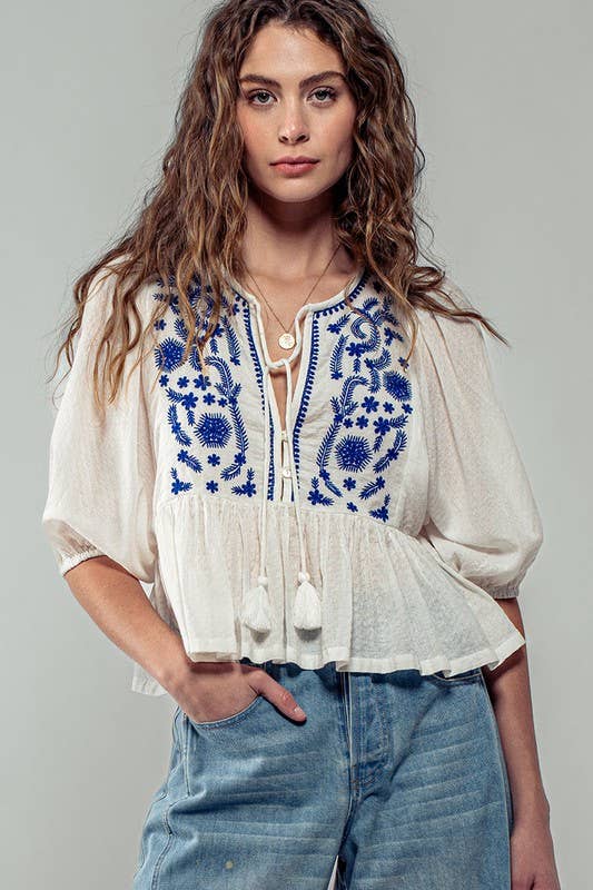 V-Neck Tassel Ruffled Blouse