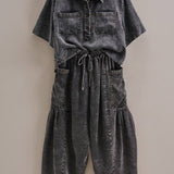 Washed Denim Utility Wide Leg Pants With Cargo Pockets