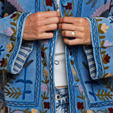 Embroidered Stand Collar & Contrast Trim Velvet Jacket