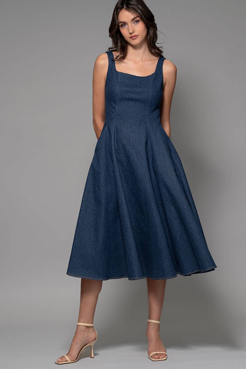 Square Neck Denim A-Line Midi Dress