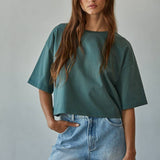 L8688 | Knit Cotton Crew Neck Drop Shoulder Short Sleeve Top