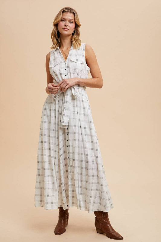 Checkered Lapel Button Down Dress