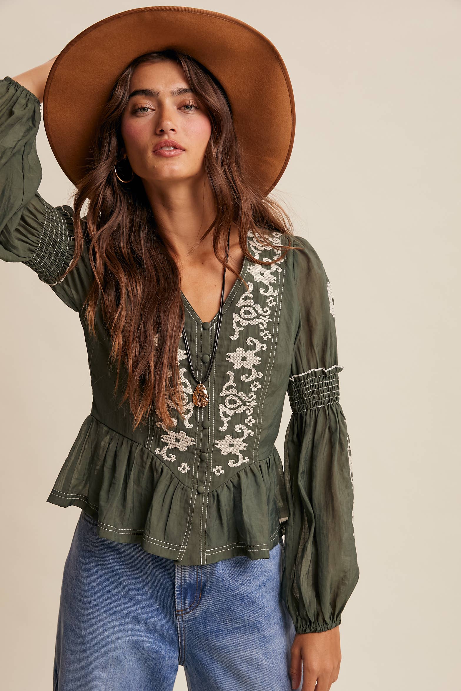 Embroidered Peplum Blouse