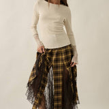 Solid Ribbed Knit Long-Sleeve Lace-Cuff Fitted Top