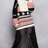High Collar Half Zipper Ethnic Color Block Pullover Sweater