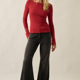 Solid Ribbed Knit Long-Sleeve Lace-Cuff Fitted Top