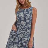 SLEEVELESS DENIM MINI DRESS WITH SCALLOPED EMBROIDERY DETAIL