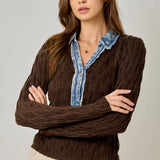 61698 Denim Mix Textured Knit Henley Top