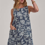 SLEEVELESS DENIM MINI DRESS WITH SCALLOPED EMBROIDERY DETAIL