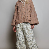 Floral Handmade Buttons Velvet Chenille Sweater Hoodie Top