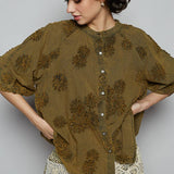 Floral Embroidered Short Sleeve Button Down Top