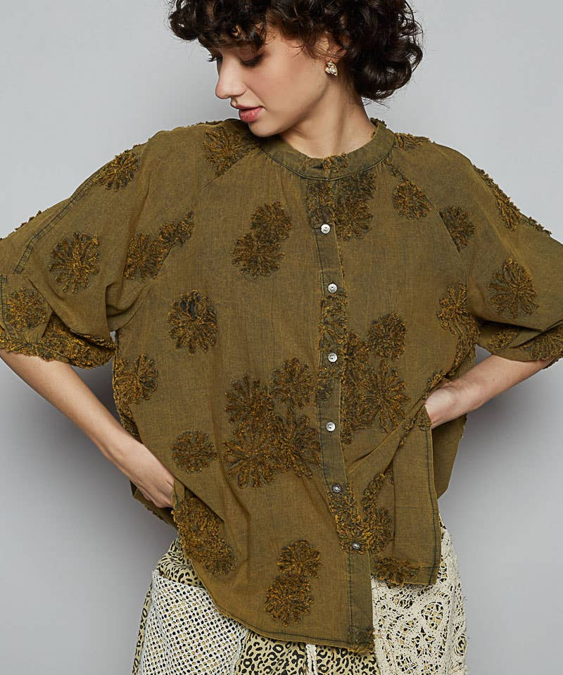 Floral Embroidered Short Sleeve Button Down Top