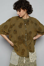 Floral Embroidered Short Sleeve Button Down Top