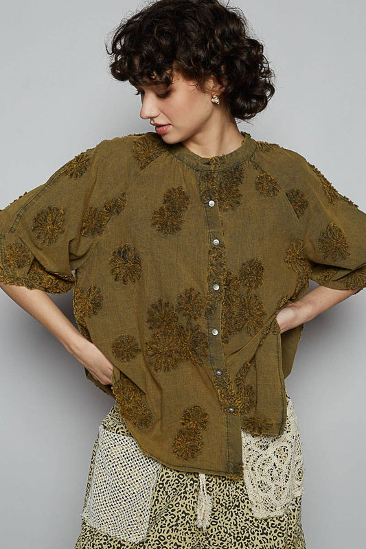 Floral Embroidered Short Sleeve Button Down Top