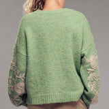 Romantic Floral Embroidered V-Neck Sweater