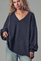 Raw Edge V-Neck Oversized Sweatshirt