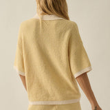 Striped Rib-Knit Collared Split-Neck Top