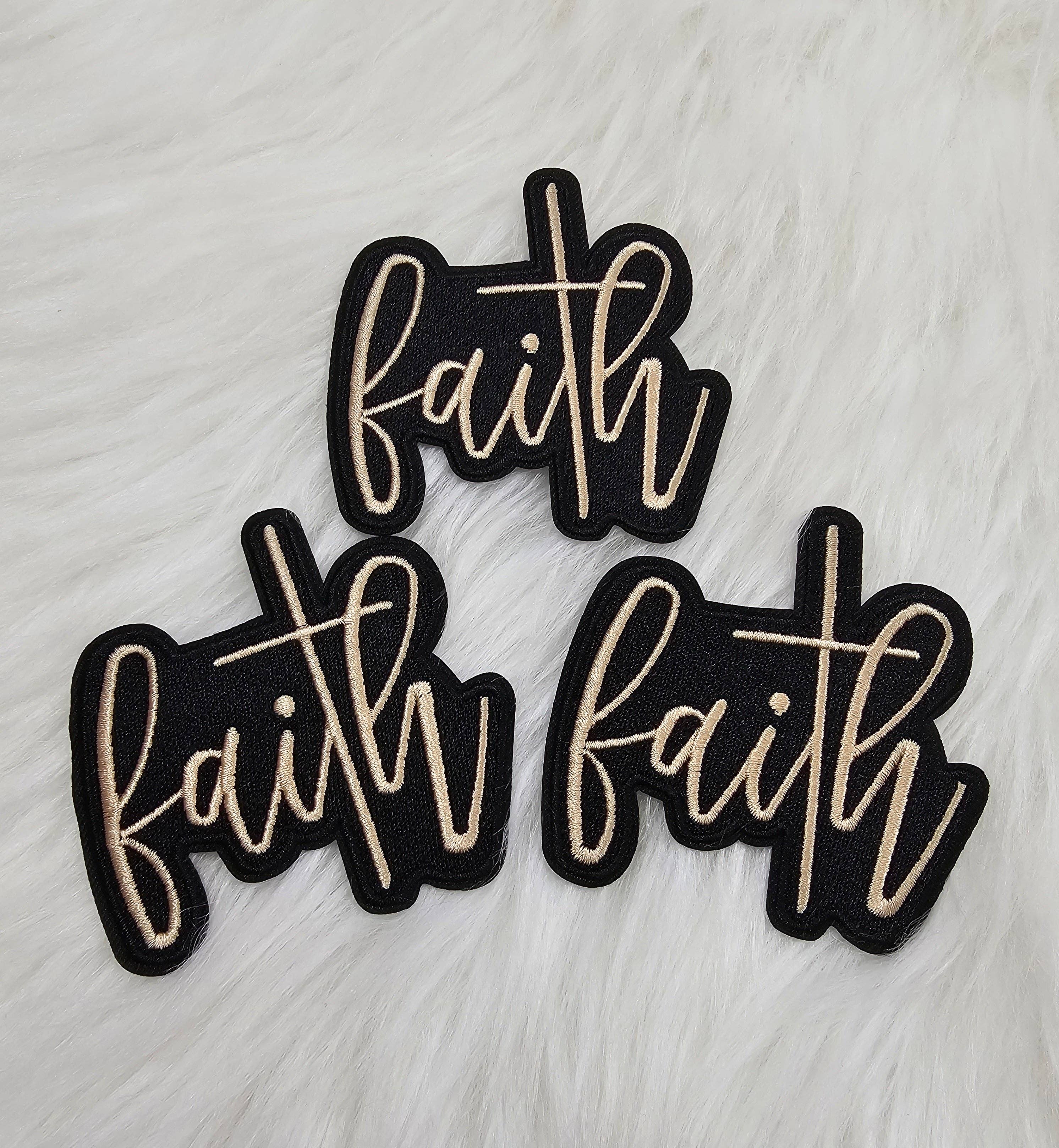 'Faith' with Cross in Black and Tan Woven Embroidery Iron On Patch