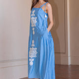 Floral Embroidered Sleeveless Tassel Tie Strap Midi Dress