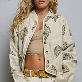 Cropped Quilted Band Collar Contrast Piping Linen Jacket
