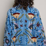 Embroidered Stand Collar & Contrast Trim Velvet Jacket