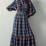 Plaid Belted Layered Button Down Balloon Sleeve Maxi Dress