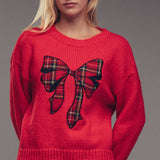Plaid Bow Patch  Knit Sweater