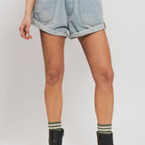 Spring Elastic Waist Cuffed Print Shorts