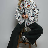Embroidered Band Collar Knotted Button Woven Jacket