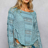 Long Sleeve Round Neck Lace Texture Knit Slim Fit Top
