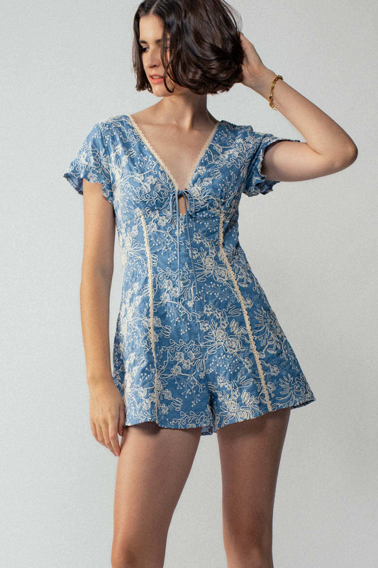 Embroidered Flutter Sleeve Romper